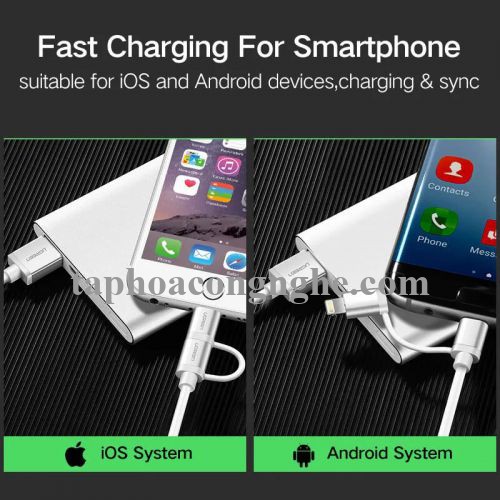 Ugreen 30891 0.5M màu Đen Cáp sạc đa năng USB sang MicroUSB + Lightning US165 30030891